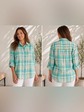Alia Aqua Multi Plaid Button-Down Shirt